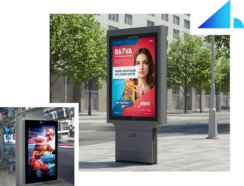 Digital signage screens on a city sidewalk and in a bus shelter