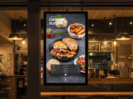 A hanging portrait screen showing a featured dish inside a restaurant