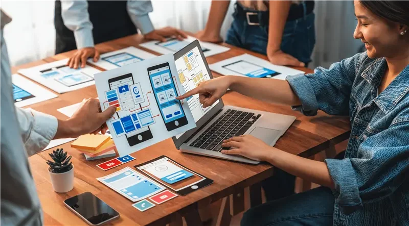 A team reviewing mobile app wireframes and screen designs